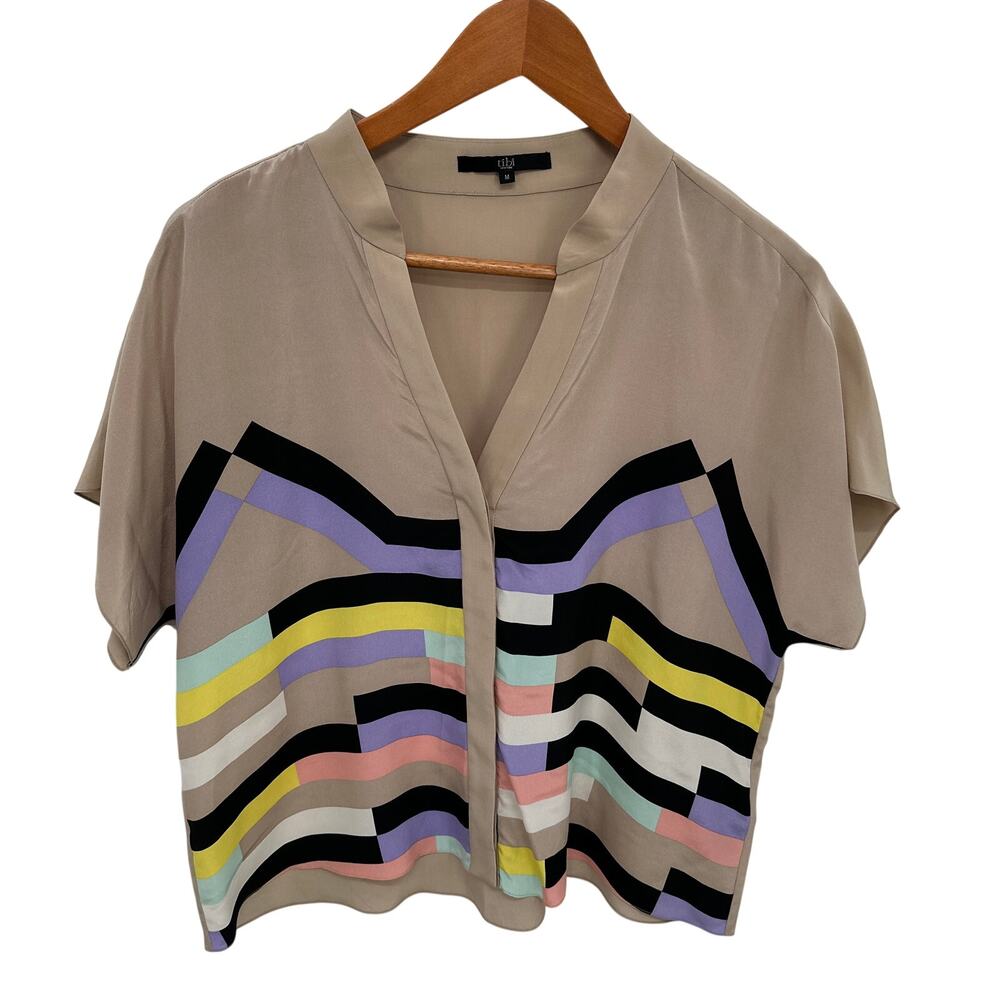 TIBI Arizona 100% Silk Short Sleeve Boxy Blouse // M